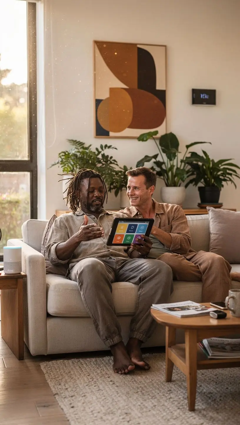 Modern smart home setup with automated lighting and voice-controlled devices in a cozy living room.