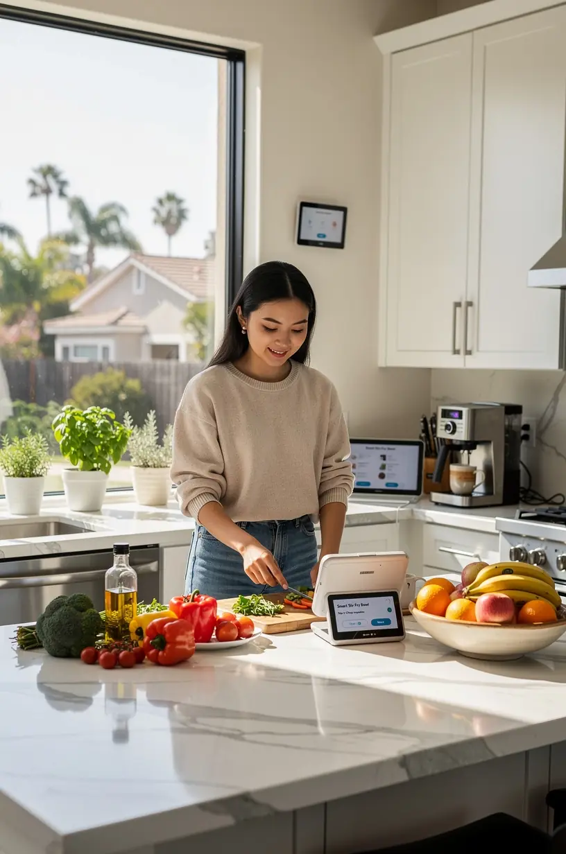 Close-up of a tablet displaying home automation app controls for energy management and security settings.