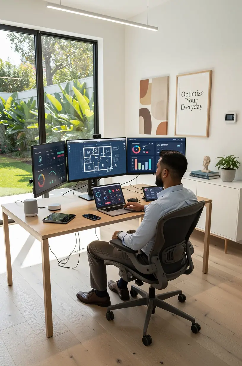 Person organizing a minimalist workspace featuring productivity tools and a digital planner for lifestyle optimization.